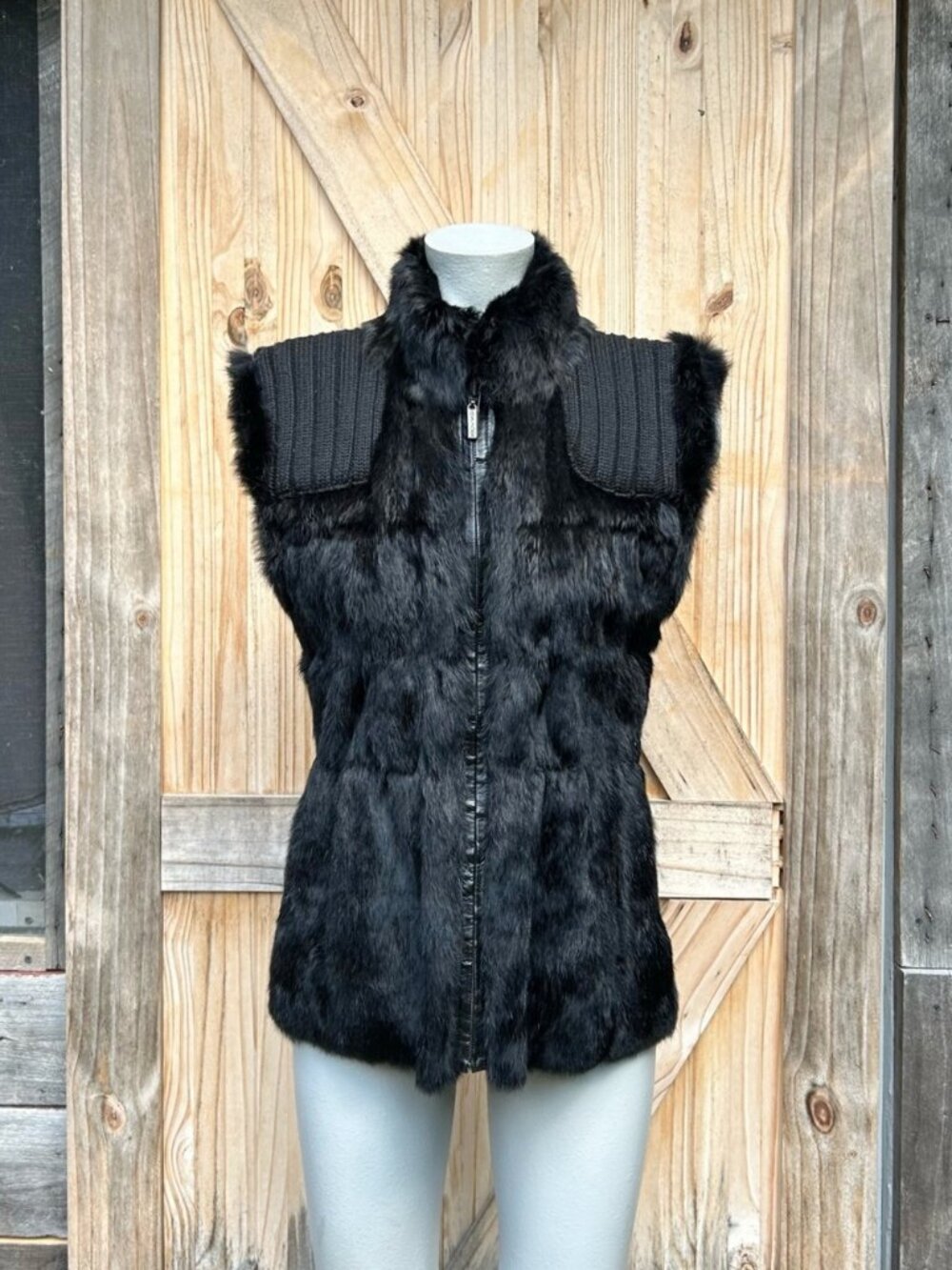 Linda Richards Luxury Black Genuine Rabbit Fur Knit Reversible Vest Jacket~M~